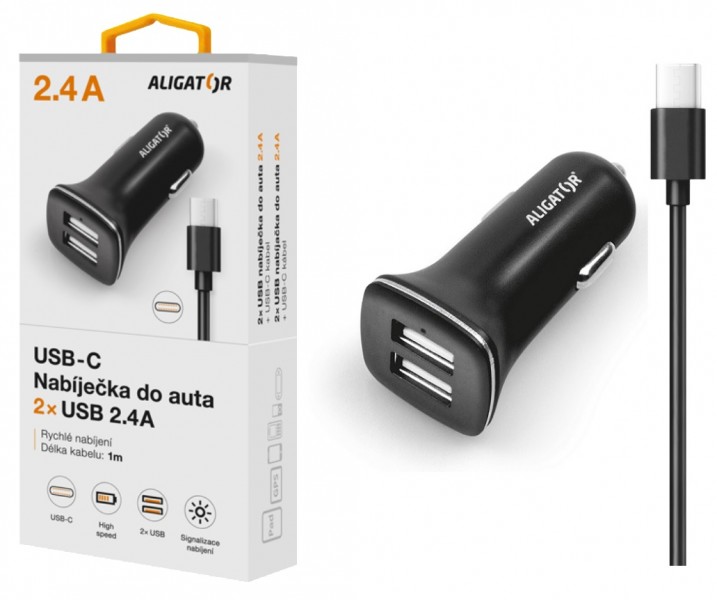 Nabíječka do auta ALIGATOR USB-C s 2xUSB výstupem 2,4A, Turbo charge, černá