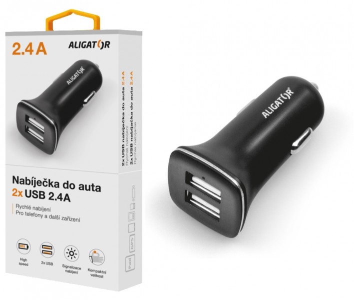 Nabíječka do auta ALIGATOR s 2xUSB výstupem 2,4A, Turbo charge, černá