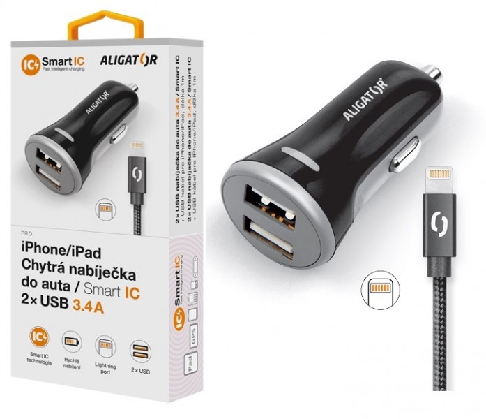 Nabíječka do auta ALIGATOR iPhone/iPad 2xUSB výst. 3.4A, smart IC,čená