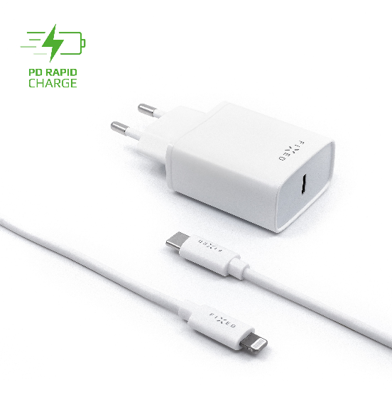 FIXED s USB-C výstupem a USB-C/Lightning kabelu, podpora PD, 1 metr, MFI, 18W, bílý