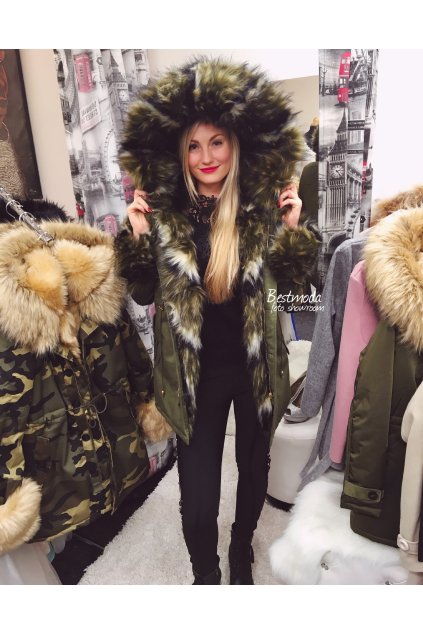 Khaki PARKA s žíhaným kožíškem a návleky na rukávech, SKLADEM