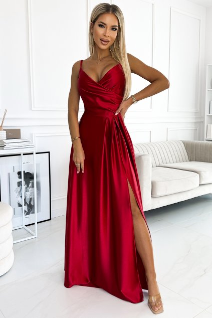 červené společenské saténové šaty Chiara s rozparkem