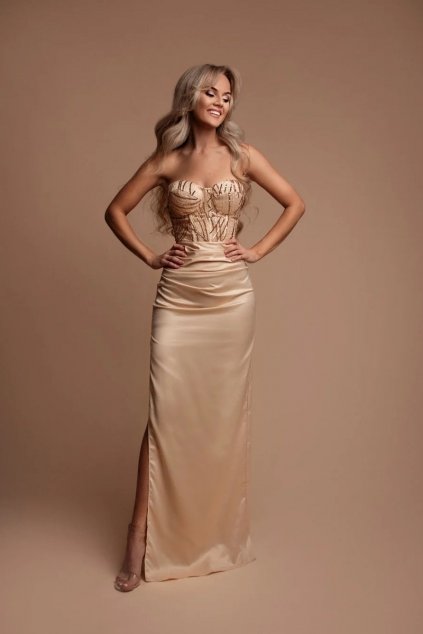 Zlaté společenské korzetové šaty Rose s rozparkem