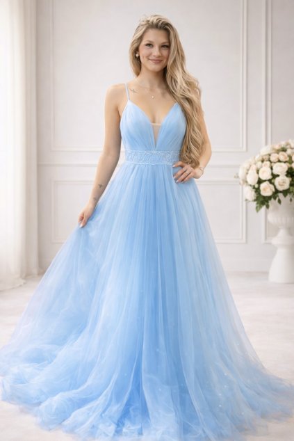 Modré třpytivé plesové šaty Cinderella