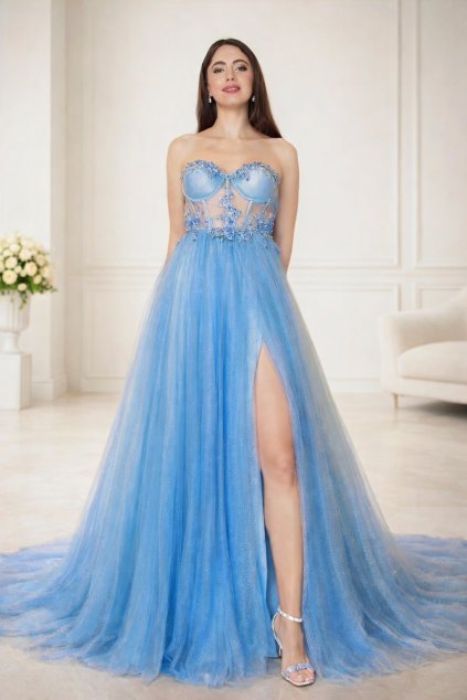 Modré třpytivé plesové šaty s velkou sukní na maturitní ples