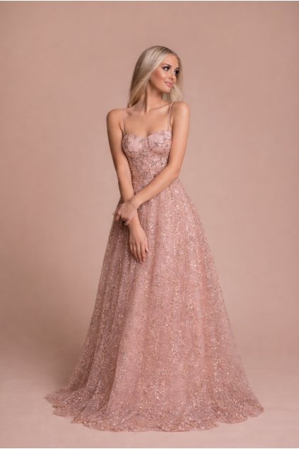 Rose Gold růžové zlaté třpytivé plesové šaty na maturitní ples, taneční, gala večer