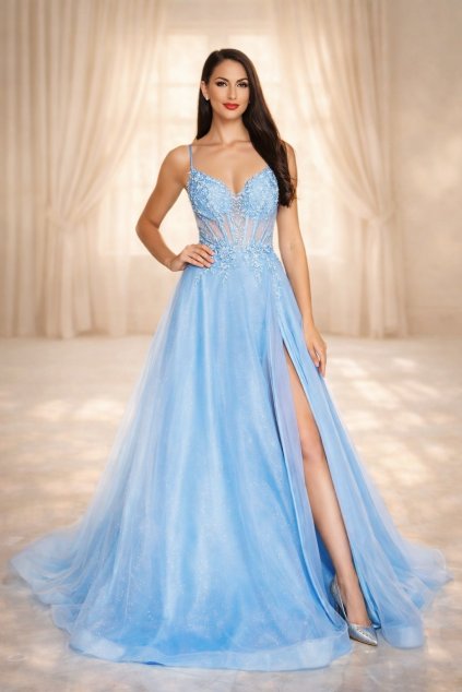 Světle modré třpytivé plesové šaty Valerie na maturitní ples i prodlouženou