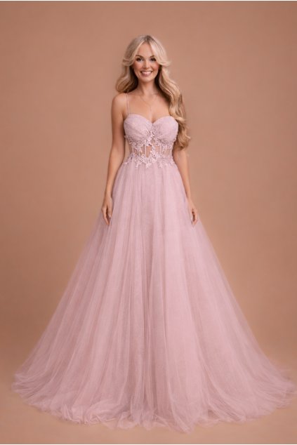 Růžové třpytivé společenské šaty na plesy i svatby pro svatební hosty družičky