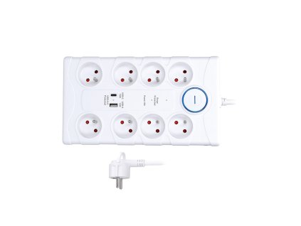 Solight přepěťová ochrana, 8z, USB A+C, 2m, bílá