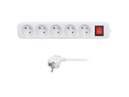 Solight prodlužovací přívod 3m, 5 zásuvek, vypínač, 16A/3680W, PVC, bílý