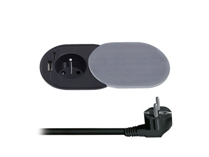 Solight 1z + USB A+C 20W PD vestavná zásuvka s posuvným víčkem, 2m, stříbrná