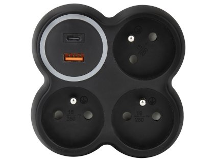 Solight rozbočka, 3x 15A, USB A+C rychlonabíječka 20W PD, matná černá