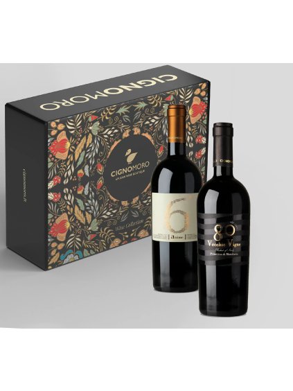 Dárkové balení 2 LAHVE x 0,75l  : 80 Vecchie Vigne, Primitivo di Manduria  DOC 14,5% , 6 Anime Rosso Puglia IGT, Vinařství Cigno Moro, 14,5%
