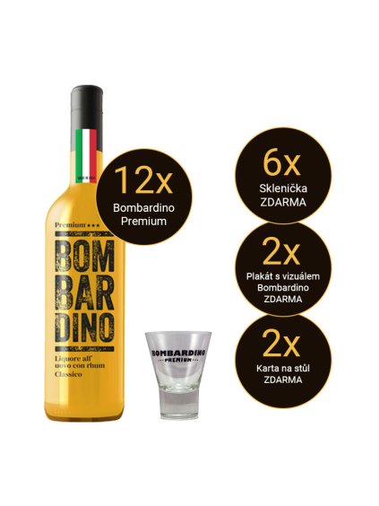 Startovací balíček : 12x Bombardino Premium® CLASSICO 1,0L, 17 % Vol. MADE IN ITALY  + 6x skleničky zdarma + plakát + karta na stůl