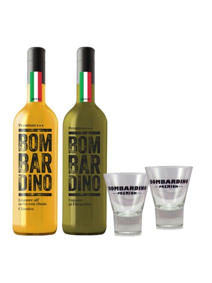 BOMBARDINO PARTY + 2 glasses: Bombardino Premium® al PISTACCHIO 1L + Bombardino Premium® CLASSICO, 17% Vol., MADE IN ITALY