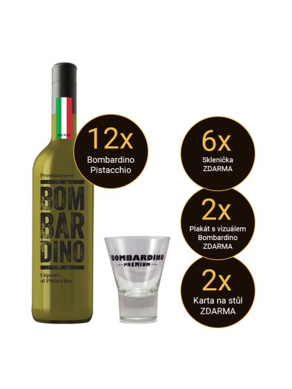12 x Bombardino Premium® al PISTACCHIO, 1,0 L, 17% Vol., Italia + 6 bicchieri, 2 poster, 2 segnatavoli