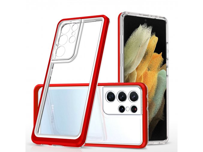 Akrylový Clear 3v1 obal na Samsung Galaxy S21 Ultra 5G - červený