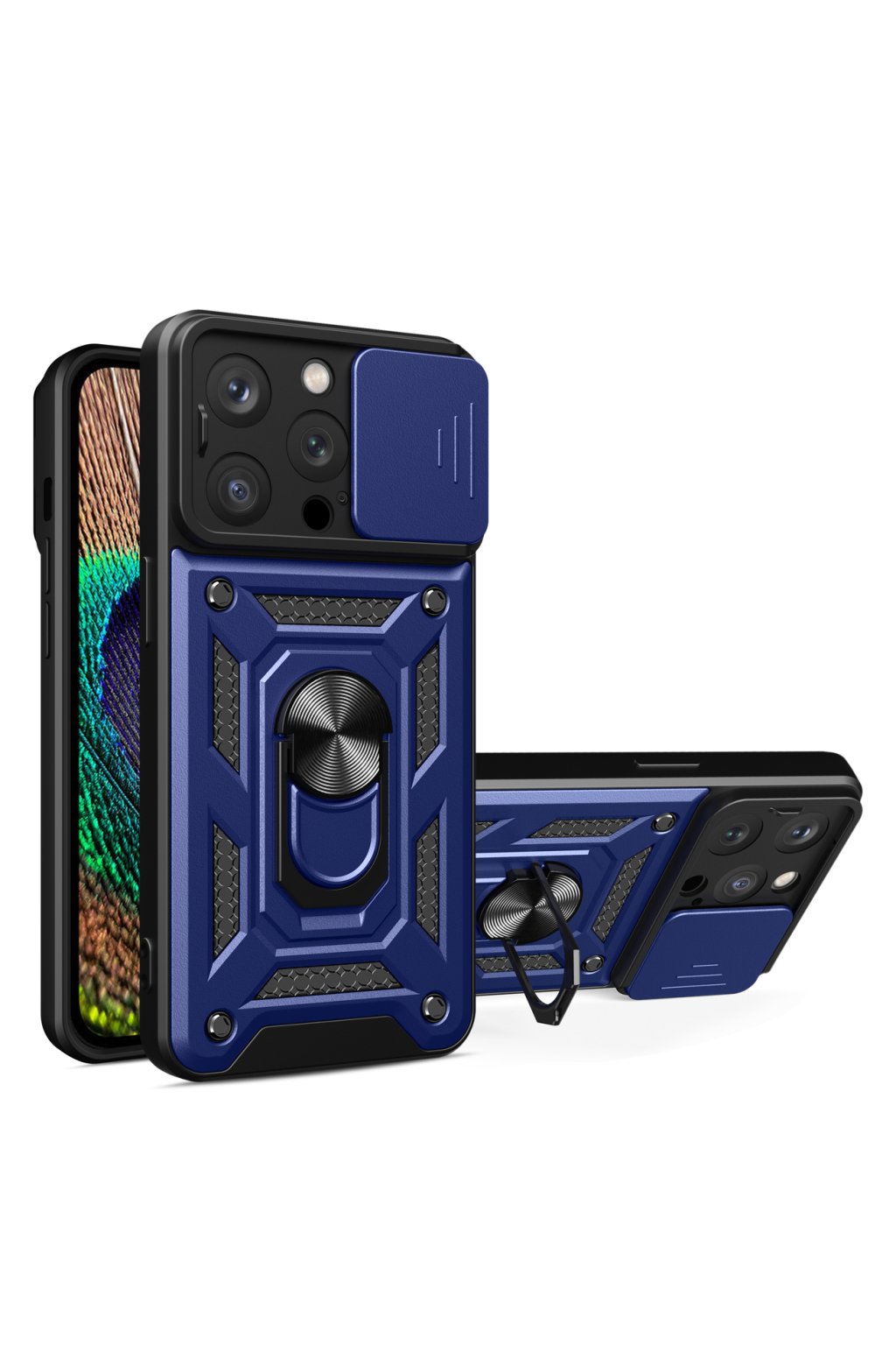 64113 kryt hybrid armor camshield iphone 15 pro se stojankem a krytem fotoaparatu modry