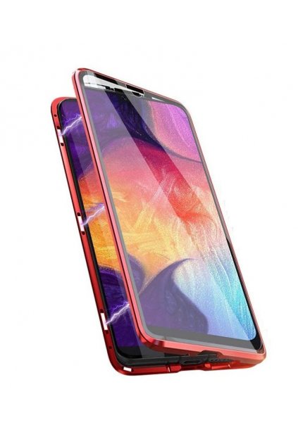 Magnetický obojstranný kryt s tvrdeným sklom na Samsung Galaxy A50 - červený