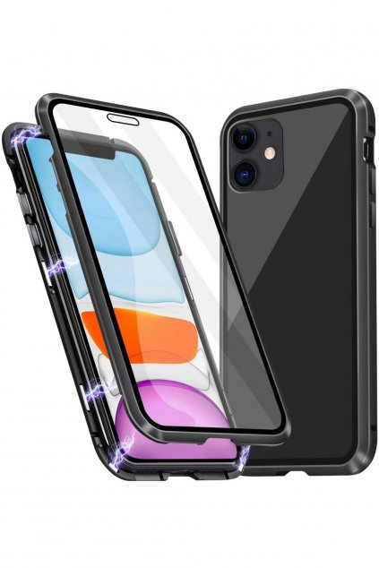 Magnetický obojstranný kryt s tvrdeným sklom na iPhone 11 - čierny