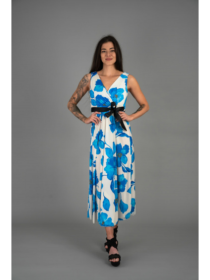 Letní dlouhé šaty s velkými květy - modré