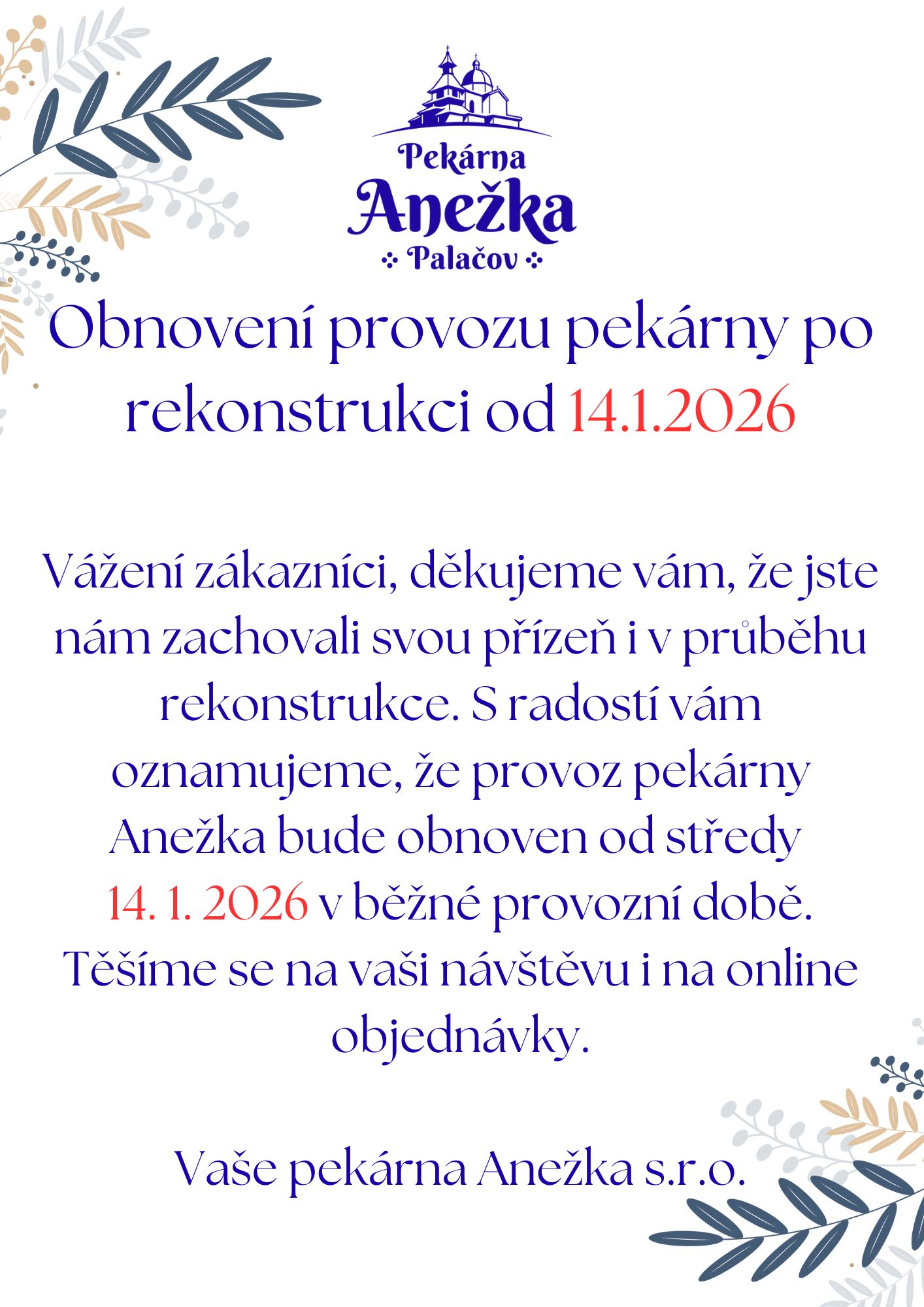Obnovení provozu pekárny Anežka v Palačově