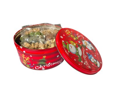 Vánoční plechová dóza se slanými ořechy kulatá