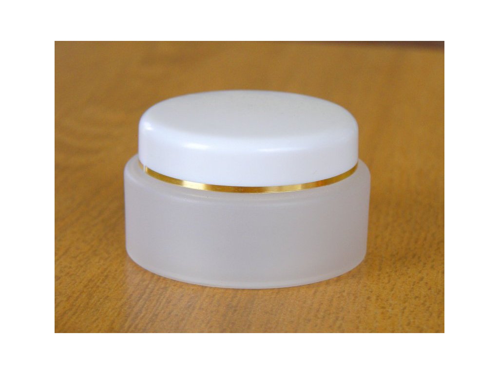 Kosmetická doza dvouplášťová 50 ml skleněný efekt, bíĺé víčko se zlatým proužkem + těsnicí vložka se zobáčkem