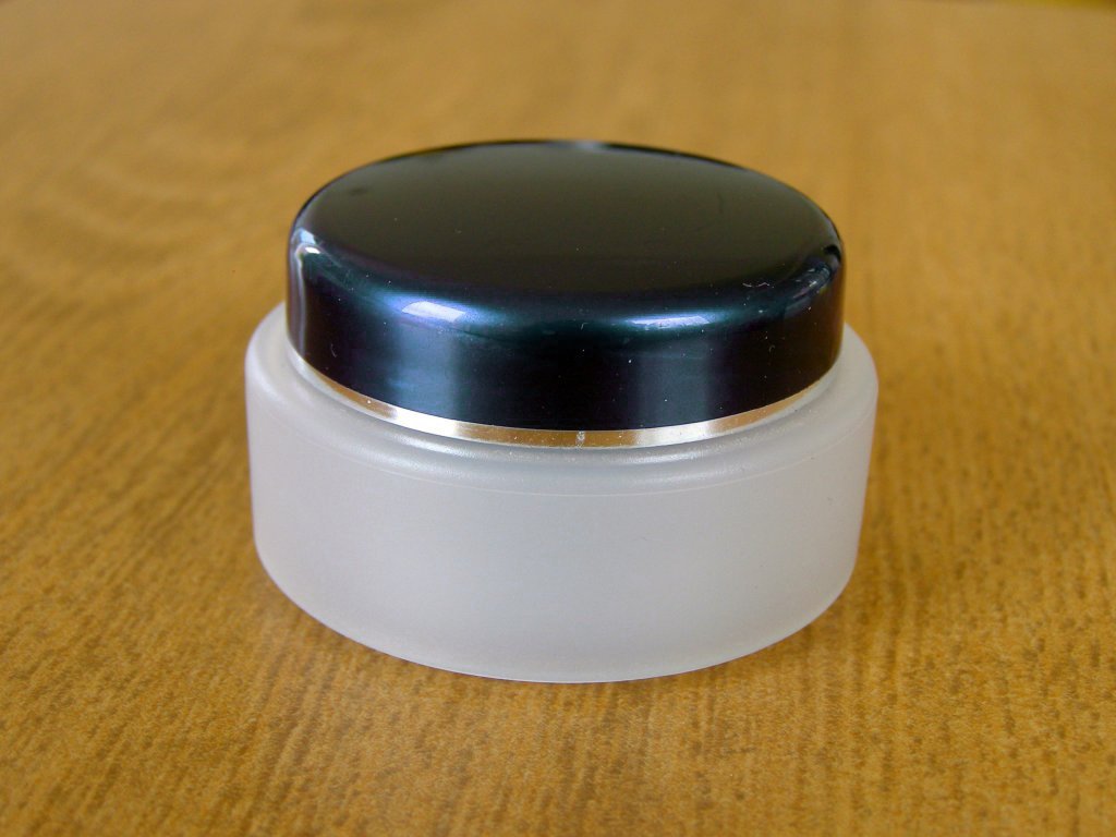Kosmetická doza 30 ml dvouplášťová skleněný efekt modré víčko stříbrný proužek