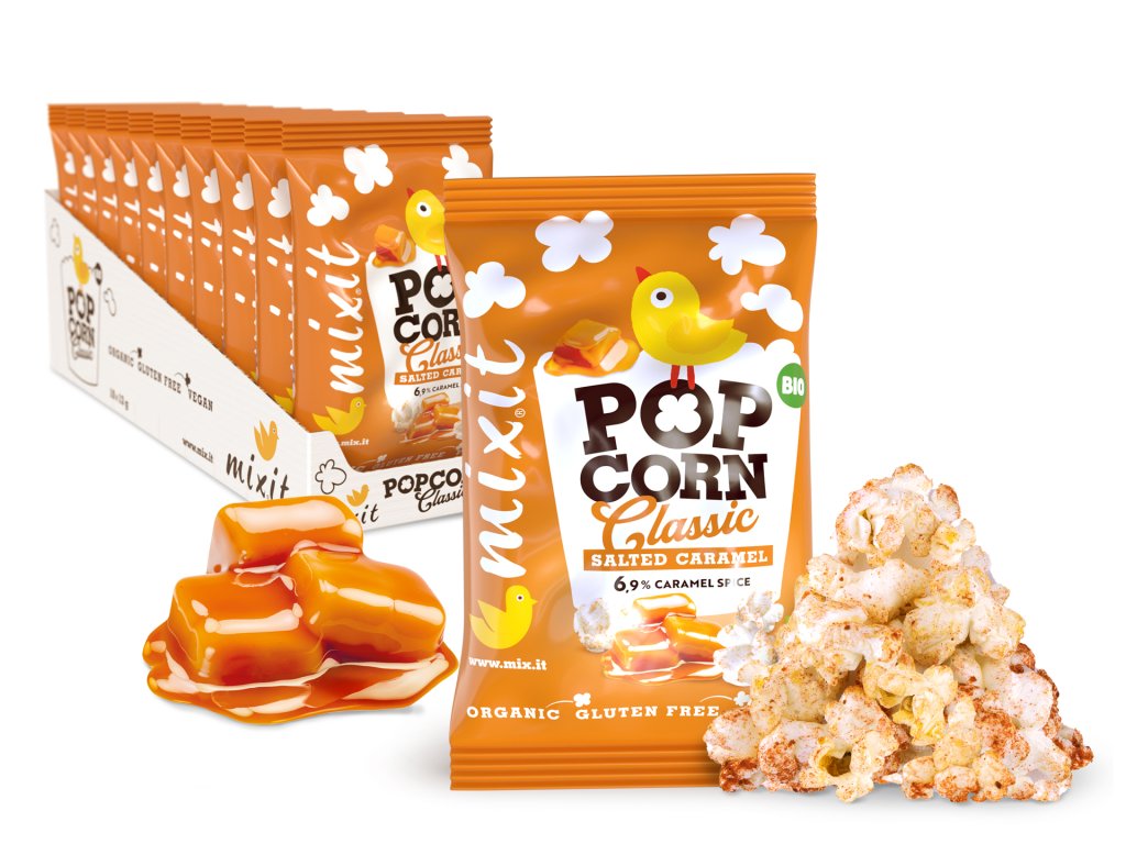 Popcorn Slaný karamel MALÝ 13g 10ks produktovka CZ SK PL HU RO DE