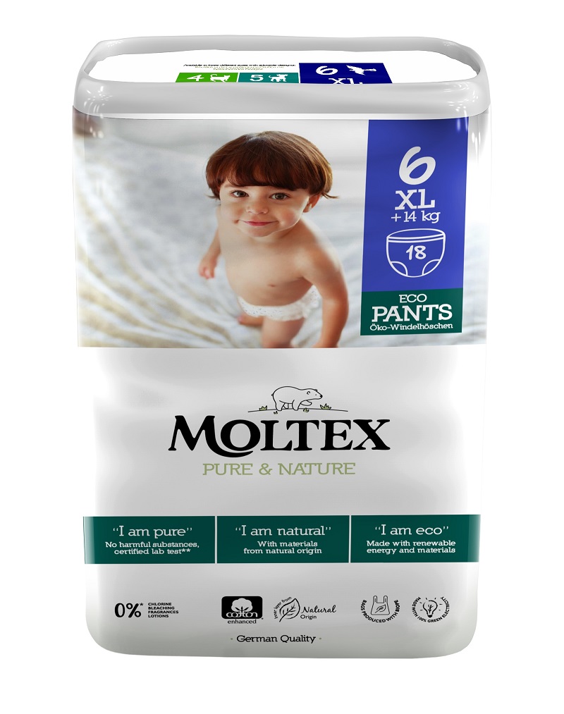 Levně Natahovací plenkové kalhotky Moltex Pure & Nature XL 14+ kg (18 ks)