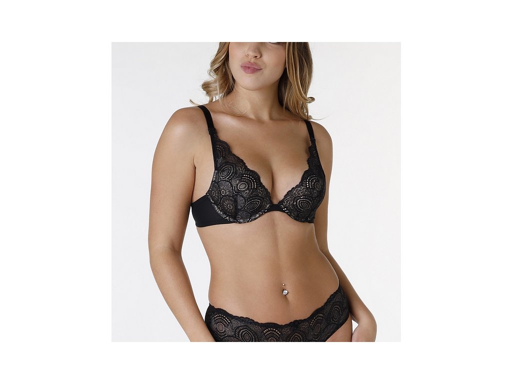 WONDERBRA GLAMOUR TRIANGLE PUSH-UP BRA - Dámská krajková podprsenka push-up - černá (Velikost 70 B)