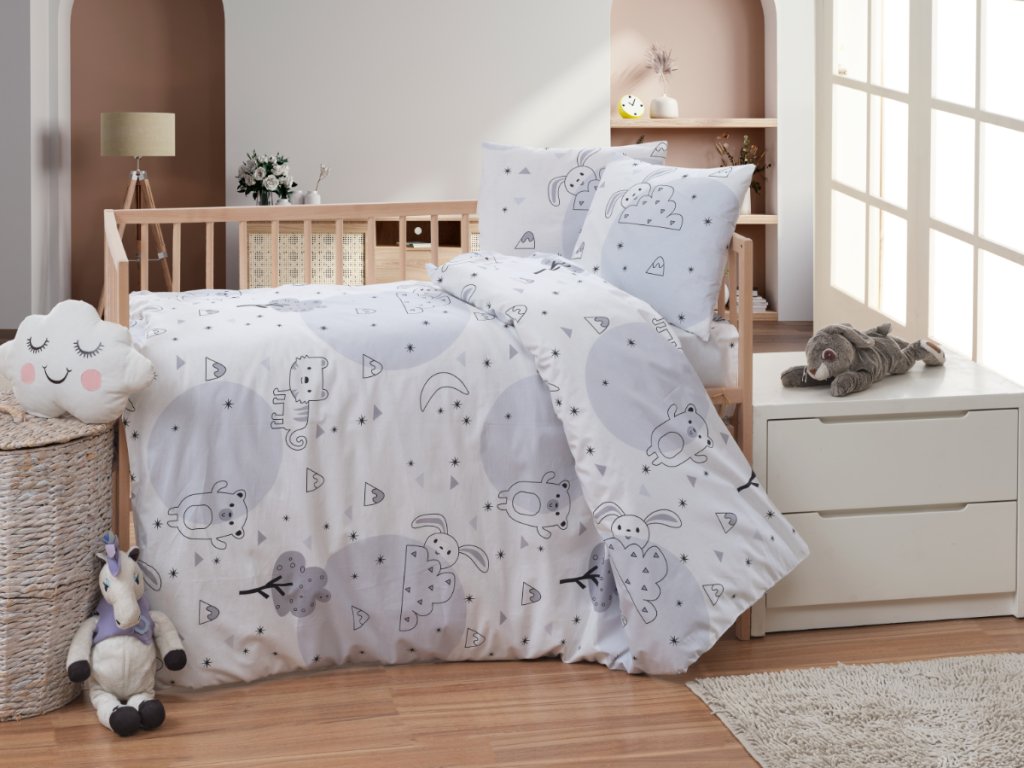 Krepové dětské povlečení do malé postýlky 90x135, 45x60 cm Zvířátka v zahradě (Zapínání nitěný knoflík)