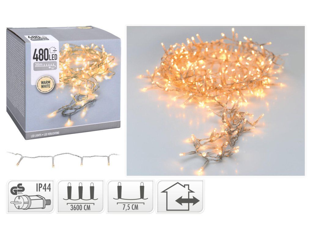 osvětlení vánoční 36m 480LED teplá BÍ, TRA drát