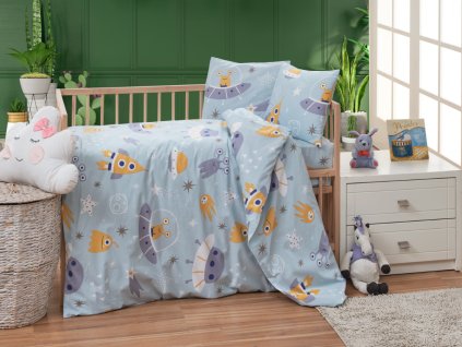 Bavlněné dětské povlečení do malé postýlky 90x135, 45x60 cm Vesmírné UFO (Zapínání nitěný knoflík)