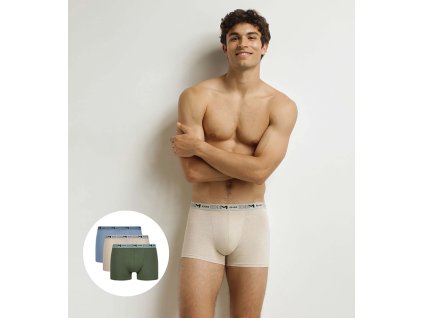 DIM COTTON STRETCH BIO BOXER 3x - Pánské boxerky z bio bavlny 3ks - zelená - světle hnědá - světle modrá (Velikost M)