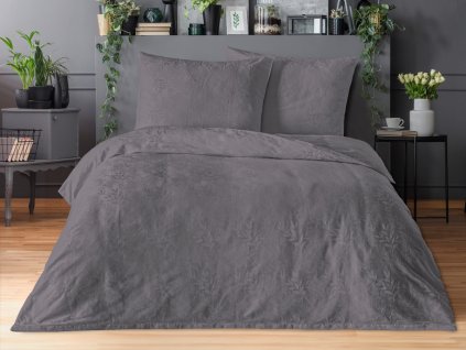 Saténový povlak na polštář se žakárovým vzorem listy tmavě šedé (Rozměr 30x40)