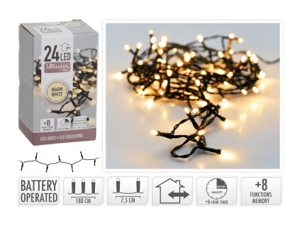 osvětlení vánoční 1,8m 24LED teplá BÍ, 8 funkcí s časovačem