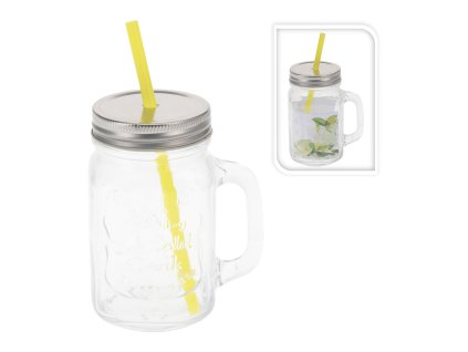 sklenice 450ml s uchem, víčkem a brčkem