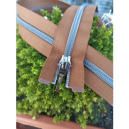 dělitelný spirálový zip YKK - 60 cm, skořicový se stříbrnou spirálou