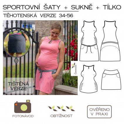 těhotenské sportovní šaty + sukně + tílko - tištěný střih Caramilla