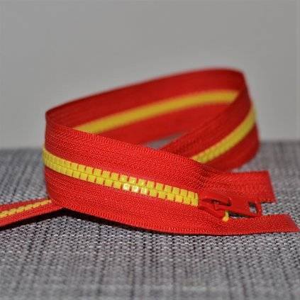 dělitelný kostěný zip YKK - 45 cm, červená stuha, žluté zuby