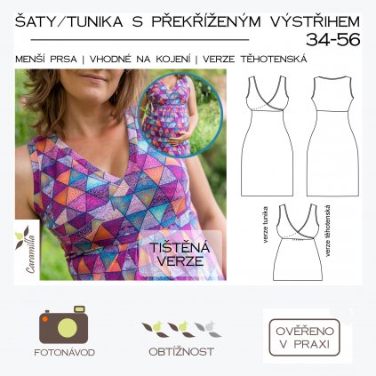 šaty/tunika s překříženým výstřihem (menší prsa) - tištěný střih Caramilla