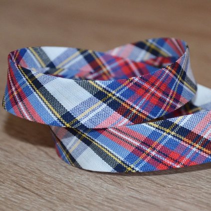 0,5 m šikmý proužek tartan kostičky červenomodré 18 mm (bavlna/polyester)