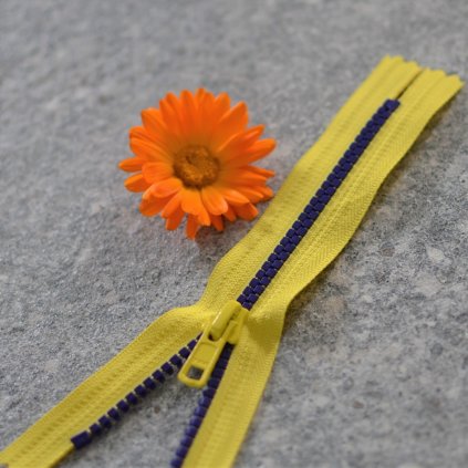 nedělitelný kostěný zip YKK - 16 cm, žlutá stuha, fialové zuby