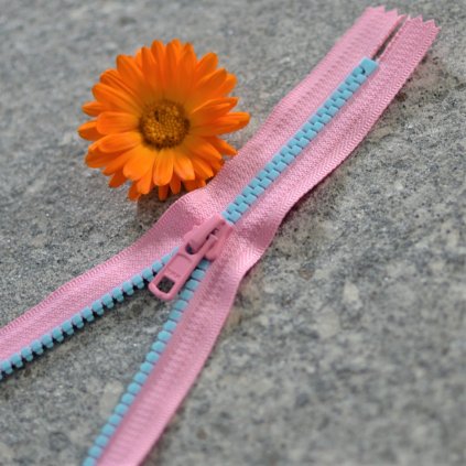 nedělitelný kostěný zip YKK - 16 cm, modré zuby, růžová stuha, FLAT design