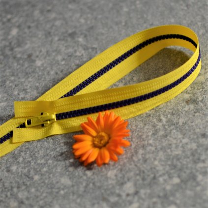 dělitelný kostěný zip YKK - 45 cm, sytě žlutá stuha, fialové zuby