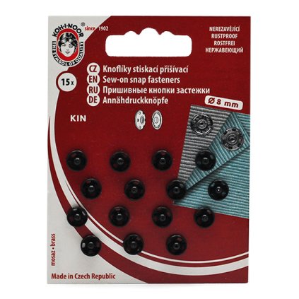 Přišívací patentky KIN 8mm, černý lak, 15ks