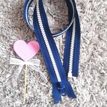 Dělitelný kostěný zip YKK - 70 cm, modrá stuha, bílé zuby