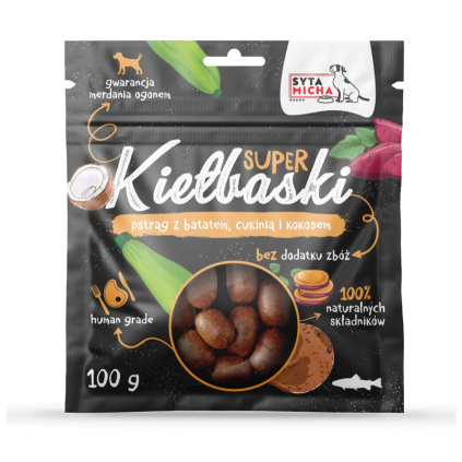 Klobásky pstruhové sušené maso pro psy s batáty, cuketou a kokosem - hypoalergenní pamlsky pro psy | BiBi FOOD